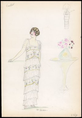 <em>"Day dress, Callot, 1913. Long multi-tiered white dress; edged with design of small buds in red, green, purple, yellow and black; short sheer white sleeves; back view included. (Bendel Collection, HB 004-28)"</em>, 1913. Printed material. Brooklyn Museum, Fashion sketches. (SC01.1_Bendel_Collection_HB_004-28_1913_SL1.jpg