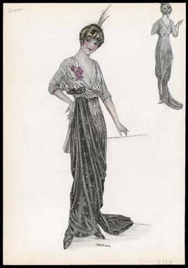 <em>"Evening dress, Beer, 1913. Long dress with short train; black skirt with white draped bodice; corsage of flowers attached to front of bodice; black feathers in hair; back view included. (Bendel Collection, HB 004-29)"</em>, 1913. Printed material. Brooklyn Museum, Fashion sketches. (SC01.1_Bendel_Collection_HB_004-29_1913_SL1.jpg