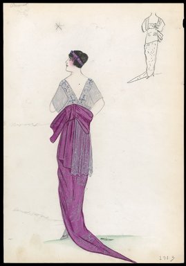 <em>"Evening dress, Primet, 1913. Long pink dress ending in train; white net or lace short sleeve bodice with deep v in back; dress fabric has design of branches and birds in silver; large obi-like bow at back; pink headband, front view included. (Bendel Collection, HB 004-30)"</em>, 1913. Printed material. Brooklyn Museum, Fashion sketches. (SC01.1_Bendel_Collection_HB_004-30_1913_SL1.jpg