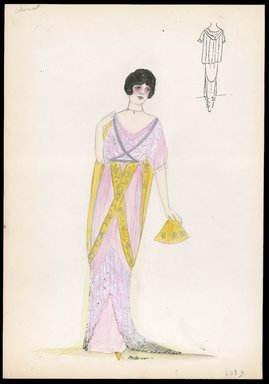 <em>"Dress, Cheriut, 1913. Long pink dress; open front of skirt ending in white lace train; short sleeve bodice overlayed with white lace; skirt edged in yellow bands; yellow fan; back view included. (Bendel Collection,  HB 004-31)"</em>, 1913. Printed material. Brooklyn Museum, Fashion sketches. (SC01.1_Bendel_Collection_HB_004-31_1913_SL1.jpg