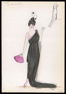 <em>"Evening dress, Callot, 'Le Grand Sair', 1913. Long black dress with side train; diagonally draped bodice in black and one sheer pink sleeve; long black tassel attached at side of skirt; 2 feathers in hair; pink fan; back view included. (Bendel Collection, HB 004-32)"</em>, 1913. Printed material. Brooklyn Museum, Fashion sketches. (SC01.1_Bendel_Collection_HB_004-32_1913_SL1.jpg