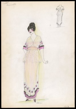 <em>"Day dress, Callot, 'Minuette', 1913. Long light pink dress;  elbow length sleeves on draped bodice ending at hips; light pink sash; hem and sleeves edged with small pink flowers; back view included. (Bendel Collection,  HB 004-33)"</em>, 1913. Printed material. Brooklyn Museum, Fashion sketches. (SC01.1_Bendel_Collection_HB_004-33_1913_SL1.jpg