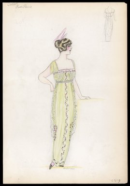 <em>"Day dress, Callot, 'Rose Reine', 1913. Long light green dress; square necked bodice with short sleeves; dress trimmed with tiny rose buds in pink; back view included. (Bendel Collection, HB 004-34)"</em>, 1913. Printed material. Brooklyn Museum, Fashion sketches. (SC01.1_Bendel_Collection_HB_004-34_1913_SL1.jpg