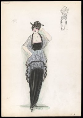 <em>"Evening dress, Premet, 1913. Long black dress; sheer white tunic with elbow length sleeves trimmed in black; back view included. (Bendel Collection, HB 004-35)"</em>, 1913. Printed material. Brooklyn Museum, Fashion sketches. (SC01.1_Bendel_Collection_HB_004-35_1913_SL1.jpg