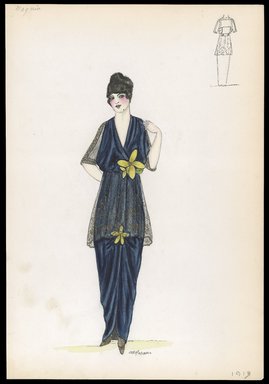 <em>"Dress, Magnin, 1913. Long dark blue dress; elbow length net sleeves; 3/4 length net or lace over skirt in gold; large flowers attached at waist and skirt; back view included. (Bendel Collection, HB 004-36)"</em>, 1913. Printed material. Brooklyn Museum, Fashion sketches. (SC01.1_Bendel_Collection_HB_004-36_1913_SL1.jpg