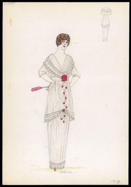 <em>"Day dress, Callot, 1913. Long white dress; 3/4 length bodice with draped shawl collar and elbow length sleeves; white sash; rose and tendrils attached at center waist, back view included. (Bendel Collection, HB 004-37)"</em>, 1913. Printed material. Brooklyn Museum, Fashion sketches. (SC01.1_Bendel_Collection_HB_004-37_1913_SL1.jpg