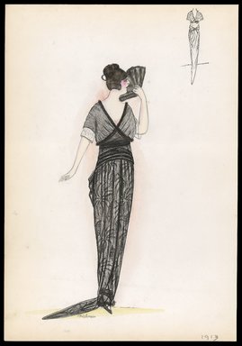 <em>"Evening dress, 1913. Long silver lace dress with train; shorter over dress with diagonal hem; wide sash knotted at waist; back view included. (Bendel Collection, HB 004-38)"</em>, 1913. Printed material. Brooklyn Museum, Fashion sketches. (SC01.1_Bendel_Collection_HB_004-38_1913_SL1.jpg