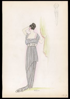 <em>"Evening dress, 1913. Long sheer black dress with train; draped v-neck bodice with black trim; elbow length sleeves; dres fabric has pattern of large leaves in black; black fan;  back view included. (Bendel Collection, HB 004-39)"</em>, 1913. Printed material. Brooklyn Museum, Fashion sketches. (SC01.1_Bendel_Collection_HB_004-39_1913_SL1.jpg