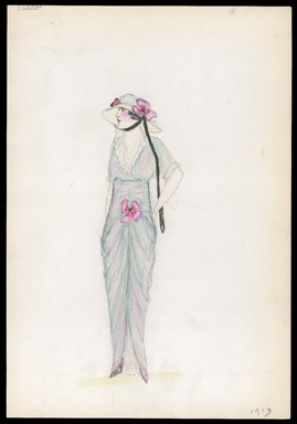 <em>"Day dress, Callot, 1913. Long light blue and pink dress; deep v-neck bodice; ruffle trim at neck and elbow length sleeves; deep brimmed hat with flowers and long ribbon. (Bendel Collection, HB 004-40)"</em>, 1913. Printed material. Brooklyn Museum, Fashion sketches. (SC01.1_Bendel_Collection_HB_004-40_1913_SL1.jpg