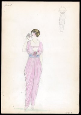 <em>"Day dress, Premet, 1913. Long light pink dress with draped skirt; draped bodice and slip; light blue sash at waist; bouquet of roses attached to front of bodice; back view included. (Bendel Collection, HB 004-41)"</em>, 1913. Printed material. Brooklyn Museum, Fashion sketches. (SC01.1_Bendel_Collection_HB_004-41_1913_SL1.jpg