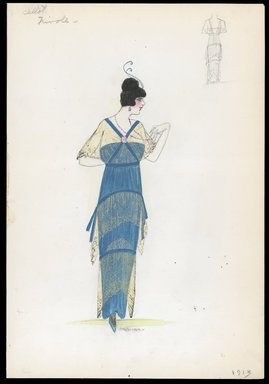 <em>"Evening dress, Callot, 'Frivole', 1913. Long teal dress; skirt trimmed with 2 rows of gold lace; gold lace sleeves; back view included. (Bendel Collection, HB 004-42)"</em>, 1913. Printed material. Brooklyn Museum, Fashion sketches. (SC01.1_Bendel_Collection_HB_004-42_1913_SL1.jpg