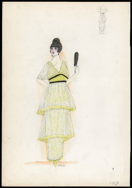 <em>"Dress, 1913. Long 2-tiered light green dress; overlayed with sheer white net; v-necked bodice; white net sleeves; narrow black band at waist and under bust; back sketch included. Bendel Collection, HB 004-43."</em>, 1913. Printed material. Brooklyn Museum, Fashion sketches. (SC01.1_Bendel_Collection_HB_004-43_1913_SL1.jpg