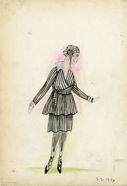 <em>"Day Dress, 1914. Black and white striped dress; knee length with tiered skirt; long sleeves; white stockings and lace up heels; sash around high waist; turban like cap with tassel on the side. (Bendel Collection, HB 005-01)"</em>, 1914. Fashion sketch, 12.25 x 8.5 in (31.1 x 21.6 cm). Brooklyn Museum, Fashion sketches. (Photo: Brooklyn Museum, SC01.1_Bendel_Collection_HB_005-01_1914_SL5.jpg