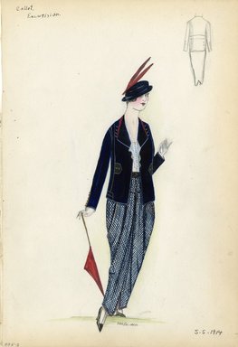 <em>"Day Dress, Callot Soeurs, 'Excurision', 1914. Day ensemble with dark blue jacket, white blouse, and blue and white tweed skirt; ankle length skirt; gold button embellishements on jacket along with red trim on collar; red parasol included; blue hat with red plume included.  (Bendel Collection, HB 005-03)"</em>, 1914. Fashion sketch, 12.25 x 8.5 in (31.1 x 21.6 cm). Brooklyn Museum, Fashion sketches. (Photo: Brooklyn Museum, SC01.1_Bendel_Collection_HB_005-03_1914_Callot_SL5.jpg