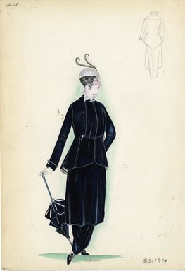 <em>"Day Dress, Chéruit, 1914. Dark blue day dress with same color jacket; knee length overskirt with ankle length hobble skirt; hip length jacket cinched at waist; long sleeves; dark blue parasol included; white cap with netting over face and long skinny plumes included.  (Bendel Collection, HB 005-05)"</em>, 1914. Fashion sketch, 12.25 x 8.5 in (31.1 x 21.6 cm). Brooklyn Museum, Fashion sketches. (Photo: Brooklyn Museum, SC01.1_Bendel_Collection_HB_005-05_1914_Cheruit_SL5.jpg