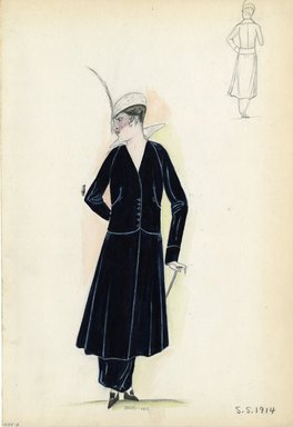 <em>"Day Dress, 1914. Dark blue day dress with same color jacket; calf length skirt over ankle length hobble skirt; large white collar; walking can included; white cap with netting over face and long skinny plume included.  (Bendel Collection, HB 005-06)"</em>, 1914. Fashion sketch, 12.25 x 8.5 in (31.1 x 21.6 cm). Brooklyn Museum, Fashion sketches. (Photo: Brooklyn Museum, SC01.1_Bendel_Collection_HB_005-06_1914_SL5.jpg