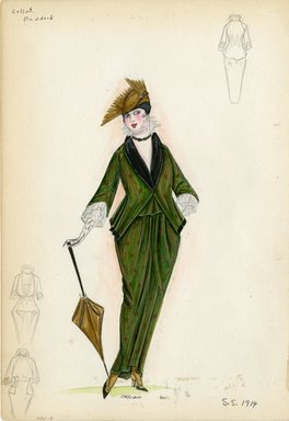 <em>"Day Dress, Callot Soeurs, 'Paddock', 1914. Dress with irridescent printed green fabric with tan decoration; black collar and black trim on jacket hem; white blouse with ruffle collar and sleeves showing; hip length jacket cinched at waist; full length draped skirt tapered into hobble skirt; tan parasol and tan hat with fan like embellishement included; long white gloves included; black and tan heels included; black choker necklace with bow included.  (Bendel Collection, HB 005-09)"</em>, 1914. Fashion sketch, 12.25 x 8.5 in (31.1 x 21.6 cm). Brooklyn Museum, Fashion sketches. (Photo: Brooklyn Museum, SC01.1_Bendel_Collection_HB_005-09_1914_Callot_SL5.jpg