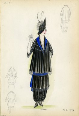 <em>"Day Dress, Doucet, 1914. Black and blue tiered dress with jacket; jacket extends to hips with second tier extending to knees, both with beaded fringe; hobble skirt fastened around ankles; blue sash showing under top tier; beaded fringe on elbow length sleeves; long white gloves included; blue sash around collar ending in jewel embellishment; long beaded necklace included; lace up black heels included; silver lace blouse showing under jacket; black hat with blue ribbon and black plume embellishments included.  (Bendel Collection, HB 005-10)"</em>, 1914. Fashion sketch, 12.25 x 8.5 in (31.1 x 21.6 cm). Brooklyn Museum, Fashion sketches. (Photo: Brooklyn Museum, SC01.1_Bendel_Collection_HB_005-10_1914_Doucet_SL5.jpg