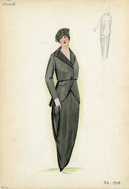 <em>"Day Dress, Chéruit, 1914. Gray day ensemble with jacket; hip length jacket cinched at waist; full length tapered hobble skirt; gray hat included.  (Bendel Collection, HB 005-11)"</em>, 1914. Fashion sketch, 12.25 x 8.5 in (31.1 x 21.6 cm). Brooklyn Museum, Fashion sketches. (Photo: Brooklyn Museum, SC01.1_Bendel_Collection_HB_005-11_1914_Cheruit_SL5.jpg