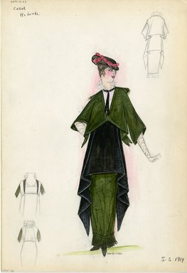 <em>"Day Dress, Callot Soeurs, 'Redonte', 1914. Green and black day ensemble; dark green jacket and hobble skirt; black overskirt tapered down on sides to ankles; white blouse with ruffle collar fastened with black choker ribbon; long white gloves included; black hat with pink flower embellishment included.  (Bendel Collection, HB 005-12)"</em>, 1914. Fashion sketch, 12.25 x 8.5 in (31.1 x 21.6 cm). Brooklyn Museum, Fashion sketches. (Photo: Brooklyn Museum, SC01.1_Bendel_Collection_HB_005-12_1914_Callot_SL5.jpg