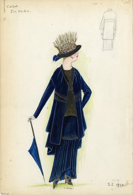 <em>"Day Dress, Callot Soeurs, 'Vie Moden', 1914. Dark blue dress with gold embroidery on jacket, skirt, and blouse; long sleeve knee length jacket; pleated full length skirt with high/low hem; gold heels and blue parasol included;  hat with pink and purple flowers and gold thistle like embellishments included.  (Bendel Collection, HB 005-13)"</em>, 1914. Fashion sketch, 12.25 x 8.5 in (31.1 x 21.6 cm). Brooklyn Museum, Fashion sketches. (Photo: Brooklyn Museum, SC01.1_Bendel_Collection_HB_005-13_1914_Callot_SL5.jpg