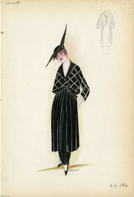 <em>"Day Dress, Chéruit, 1914. Black dress and jacket; white stripes on jacket making large checkered pattern; waist length jacket; calf length skirt panels draped on side of dress with ankle length hobble skirt; long white gloves included; black heels and black hat with black wing like embellishments on side include.  (Bendel Collection, HB 005-14)"</em>, 1914. Fashion sketch, 12.25 x 8.5 in (31.1 x 21.6 cm). Brooklyn Museum, Fashion sketches. (Photo: Brooklyn Museum, SC01.1_Bendel_Collection_HB_005-14_1914_Cheruit_SL5.jpg