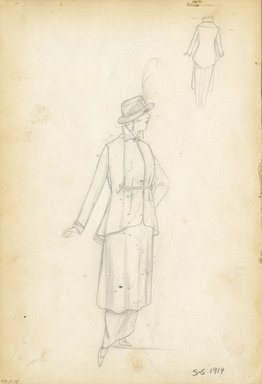 <em>"Day Dress, 1914. Unfinished pencil sketch of day dress with hip length jacket, knee length overskirt, and ankle length underskirt; hat with plume embellishment included.  (Bendel Collection, HB 005-15)"</em>, 1914. Fashion sketch, 12.25 x 8.5 in (31.1 x 21.6 cm). Brooklyn Museum, Fashion sketches. (Photo: Brooklyn Museum, SC01.1_Bendel_Collection_HB_005-15_1914_SL5.jpg