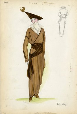 <em>"Day Dress, Chéruit, 1914. Tan dress with brown sash around waist; long sleeve dress with white blouse; full length skirt; brown heels included; large angular brown hat with puff embellishment included.  (Bendel Collection, HB 005-17)"</em>, 1914. Fashion sketch, 12.25 x 8.5 in (31.1 x 21.6 cm). Brooklyn Museum, Fashion sketches. (Photo: Brooklyn Museum, SC01.1_Bendel_Collection_HB_005-17_1914_Cheruit_SL5.jpg