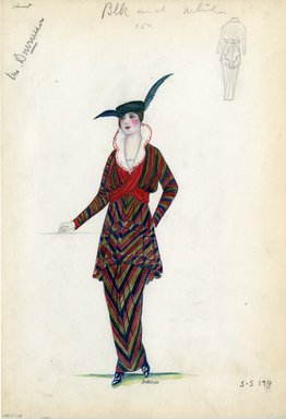 <em>"Day Dress, Chéruit, 1914. Striped dress annotated with 'Ms. Drummer'; blue, pink, green, and red striped pattern on jacket and skirt; hip length jacket with lampshade silhouette; full length tapered skirt; red sash tied around high waist and bodice; large angular brown hat with puff embellishment included.  (Bendel Collection, HB 005-17)"</em>, 1914. Fashion sketch, 12.25 x 8.5 in (31.1 x 21.6 cm). Brooklyn Museum, Fashion sketches. (Photo: Brooklyn Museum, SC01.1_Bendel_Collection_HB_005-18_1914_Cheruit_SL5.jpg