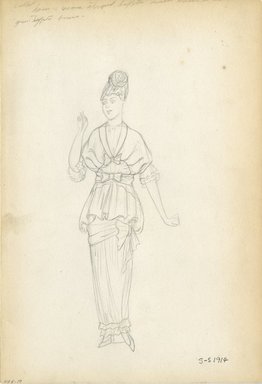 <em>"Day Dress, Callot Soeurs, 1914. Unfinished pencil sketch of Callot Soeurs day dress; large bows at high waisst and waist and lower hips; hobble skirt; ruffled sleeves.  (Bendel Collection, HB 005-19)"</em>, 1914. Fashion sketch, 12.25 x 8.5 in (31.1 x 21.6 cm). Brooklyn Museum, Fashion sketches. (Photo: Brooklyn Museum, SC01.1_Bendel_Collection_HB_005-19_1914_Callot_SL5.jpg