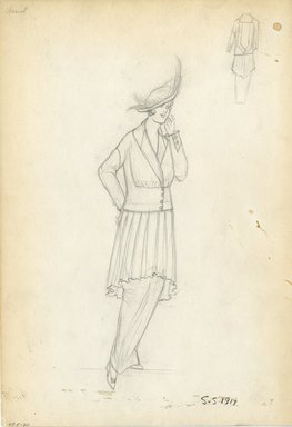 <em>"Day Dress, Chéruit, 1914. Unfinished pencil sketch of Chéruit day dress; lampshade silhouette skirt with hobble skirt with jacket; hat with plume embellishment included.  (Bendel Collection, HB 005-20)"</em>, 1914. Fashion sketch, 12.25 x 8.5 in (31.1 x 21.6 cm). Brooklyn Museum, Fashion sketches. (Photo: Brooklyn Museum, SC01.1_Bendel_Collection_HB_005-20_1914_Cheruit_SL5.jpg