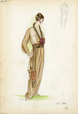 <em>"Day Dress, Doucet, 1914. Brown dress with white blouse; brown fur trim on collar and at waist; brown sash around waist with orange embroidery; pink flower embellishment at waist; full length skirt; brown heels included.  (Bendel Collection, HB 005-23)"</em>, 1914. Fashion sketch, 12.25 x 8.5 in (31.1 x 21.6 cm). Brooklyn Museum, Fashion sketches. (Photo: Brooklyn Museum, SC01.1_Bendel_Collection_HB_005-23_1914_Doucet_SL5.jpg