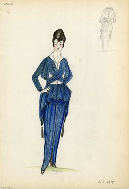 <em>"Day Dress, Chéruit, 1914. Blue striped dress with white blouse; skirt around hips tapers down sides to tassel ends; full length hobble skirt; long sleeve bodice; large bow at back.  (Bendel Collection, HB 005-24)"</em>, 1914. Fashion sketch, 12.25 x 8.5 in (31.1 x 21.6 cm). Brooklyn Museum, Fashion sketches. (Photo: Brooklyn Museum, SC01.1_Bendel_Collection_HB_005-24_1914_Cheruit_SL5.jpg