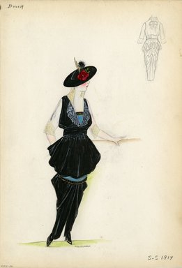 <em>"Day Dress, Doucet, 1914. Black day dress; blue and gold sash around knees creating lampshade silhouette; sash around high waist; blue and gold bodice showing under dress, along with sheer lace blouse; tapered skirt; black heels and black hat with red flower embellishment included.  (Bendel Collection, HB 005-26)"</em>, 1914. Fashion sketch, 12.25 x 8.5 in (31.1 x 21.6 cm). Brooklyn Museum, Fashion sketches. (Photo: Brooklyn Museum, SC01.1_Bendel_Collection_HB_005-26_1914_Doucet_SL5.jpg