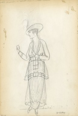 <em>"Day Dress, 1914. Unfinished pencil sketch of day dress; tiered skirt with sheer overlays over a hobble skirt; long sleeve jacket; hat with plume included.  (Bendel Collection, HB 005-27)"</em>, 1914. Fashion sketch, 12.25 x 8.5 in (31.1 x 21.6 cm). Brooklyn Museum, Fashion sketches. (Photo: Brooklyn Museum, SC01.1_Bendel_Collection_HB_005-27_1914_SL5.jpg