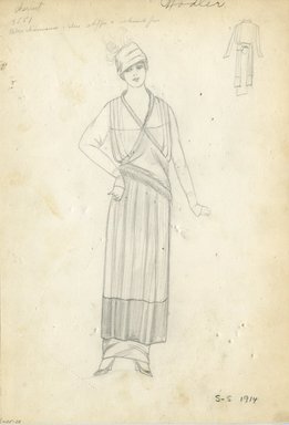 <em>"Day Dress, Chéruit, 1914. Unfinished pencil sketch of Chéruit day dress; long sleeves with fur trim wrapped around bodice and hips; calf length skirt with ankle length underskit; hat with plume embellishment included. (Bendel Collection, HB 005-28)"</em>, 1914. Fashion sketch, 12.25 x 8.5 in (31.1 x 21.6 cm). Brooklyn Museum, Fashion sketches. (Photo: Brooklyn Museum, SC01.1_Bendel_Collection_HB_005-28_1914_Cheruit_SL5.jpg