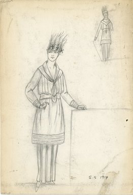 <em>"Day Dress, Chéruit, 1914. Unfinished pencil sketch of Chéruit day dress; long sleeve jacket with fur trim at hem and sleeves;  pleated full length skirt; hat with plume embellishments.  (Bendel Collection, HB 005-29)"</em>, 1914. Fashion sketch, 12.25 x 8.5 in (31.1 x 21.6 cm). Brooklyn Museum, Fashion sketches. (Photo: Brooklyn Museum, SC01.1_Bendel_Collection_HB_005-29_1914_Cheruit_SL5.jpg