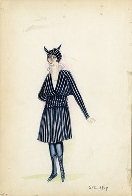 <em>"Day Dress, 1914. Dark blue and white striped dress; knee length skirt with dark blue stockings and calf length lace up boots; sash sround waist; long dolman sleeves; high white collar and blouse showing; same color turban included. (Bendel Collection, HB 005-31)"</em>, 1914. Fashion sketch, 12.25 x 8.5 in (31.1 x 21.6 cm). Brooklyn Museum, Fashion sketches. (Photo: Brooklyn Museum, SC01.1_Bendel_Collection_HB_005-31_1914_SL5.jpg