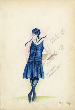 <em>"Day Dress, 1914. Blue knee length dress with buttons down center front; ruched bodice and pleated skirt; sleeveless with high white collar; blue stockings and calf length lace up boots; blue turban with ribbon ties and large rosette included.  (Bendel Collection, HB 005-32)"</em>, 1914. Fashion sketch, 12.25 x 8.5 in (31.1 x 21.6 cm). Brooklyn Museum, Fashion sketches. (Photo: Brooklyn Museum, SC01.1_Bendel_Collection_HB_005-32_1914_SL5.jpg