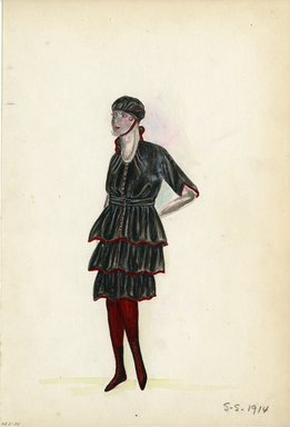 <em>"Day Dress, 1914. Black and red dress; knee length tiered skirt with red stockings and red calf length lace up boots; red buttons down center front; high collar; black cap with red strap included.  (Bendel Collection, HB 005-34)"</em>, 1914. Fashion sketch, 12.25 x 8.5 in (31.1 x 21.6 cm). Brooklyn Museum, Fashion sketches. (Photo: Brooklyn Museum, SC01.1_Bendel_Collection_HB_005-34_1914_SL5.jpg