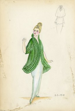 <em>"Day Dress, 1914. Green jacket and light green dress; hip length jacket with ruffle embellishment; floor length skirt.  (Bendel Collection, HB 005-37)"</em>, 1914. Fashion sketch, 12.25 x 8.5 in (31.1 x 21.6 cm). Brooklyn Museum, Fashion sketches. (Photo: Brooklyn Museum, SC01.1_Bendel_Collection_HB_005-37_1914_SL5.jpg