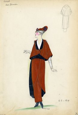 <em>"Day Dress, Callot Soeurs, 'Dan Dinette', 1914. Burnt orange dress with dark blue accents; dark blue sash around waist; calf length overskirt with dark blue lining; ankle length hobble skirt; dark blue heels included; white blouse and long white gloves included; orange hat with purple flower embellishment included.  (Bendel Collection, HB 005-38)"</em>, 1914. Fashion sketch, 12.25 x 8.5 in (31.1 x 21.6 cm). Brooklyn Museum, Fashion sketches. (Photo: Brooklyn Museum, SC01.1_Bendel_Collection_HB_005-38_1914_Callot_SL5.jpg