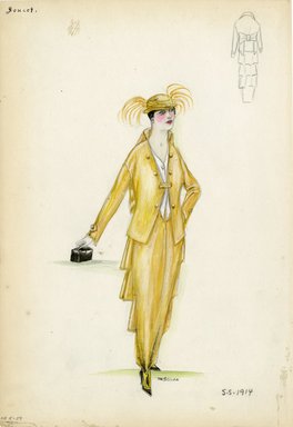 <em>"Day Dress, Doucet, 1914. Yellow dress and jacket; tiers of fabric on back of skirt; ankle length hobble skirt; long sleeve jacket with high collar and white blouse; yellow hat with plume embellishments and bow at center front; small black purse included; yellow and black boots included.  (Bendel Collection, HB 005-39)"</em>, 1914. Fashion sketch, 12.25 x 8.5 in (31.1 x 21.6 cm). Brooklyn Museum, Fashion sketches. (Photo: Brooklyn Museum, SC01.1_Bendel_Collection_HB_005-39_1914_Doucet_SL5.jpg