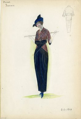 <em>"Day Dress, Primet, 'Juseuse', 1914. Hand tinted printed image glued to backing; Blue dress with pink and blue striped jacket; blue sash wraps around bodice and hips; ankle length tapered skirt; long white gloves; walking cane included; blue hat included. (Bendel Collection, HB 005-40)"</em>, 1914. Fashion sketch, 12.25 x 8.5 in (31.1 x 21.6 cm). Brooklyn Museum, Fashion sketches. (Photo: Brooklyn Museum, SC01.1_Bendel_Collection_HB_005-40_1914_Primet_SL5.jpg