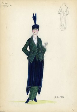 <em>"Day Dress, Callot Soeurs, 'Escapade', 1914. Green and blue dress and jacket; green striped hip length jacket; dark blue knee length skirt with tapered, pointed sides; ankle length green striped hobble skirt; blue heels and blue hat included; white blouse included.  (Bendel Collection, HB 005-41)"</em>, 1914. Fashion sketch, 12.25 x 8.5 in (31.1 x 21.6 cm). Brooklyn Museum, Fashion sketches. (Photo: Brooklyn Museum, SC01.1_Bendel_Collection_HB_005-41_1914_Callot_SL5.jpg