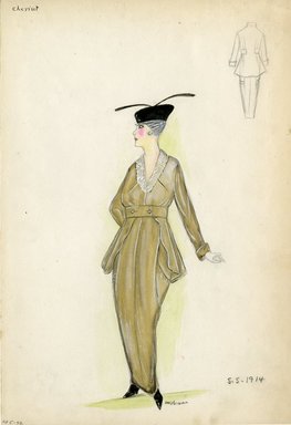 <em>"Day Dress, Chéruit, 1914. Light tan dress and jacket; lace collar; jacket cinched at waist and extended to hips at sides and back; tapered full length skirt; black heels and black hat included.  (Bendel Collection, HB 005-42)"</em>, 1914. Fashion sketch, 12.25 x 8.5 in (31.1 x 21.6 cm). Brooklyn Museum, Fashion sketches. (Photo: Brooklyn Museum, SC01.1_Bendel_Collection_HB_005-42_1914_Cheruit_SL5.jpg