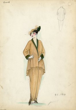 <em>"Day Dress, Arnold, 1914. Taupe dress and jacket; dark teal accents on sleeves and collar of jacket; long jacket creates lampshade silhouette; full length tapered skirt; taupe hat with small plume embellishments and dark teal bow included.  (Bendel Collection, HB 005-43)"</em>, 1914. Fashion sketch, 12.25 x 8.5 in (31.1 x 21.6 cm). Brooklyn Museum, Fashion sketches. (Photo: Brooklyn Museum, SC01.1_Bendel_Collection_HB_005-43_1914_Arnold_SL5.jpg