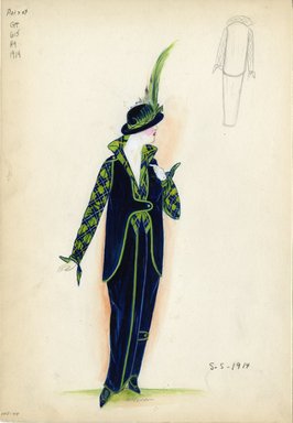 <em>"Day Dress, Poiret, 1914. Dark blue and lime green dress; tartan long sleeve blouse with blue, green, and yellow stripes; blue bodice and skirt with green accents; full length skirt; blue heels included; blue hat with green sash and long green plume included.  (Bendel Collection, HB 005-44)"</em>, 1914. Fashion sketch, 12.25 x 8.5 in (31.1 x 21.6 cm). Brooklyn Museum, Fashion sketches. (Photo: Brooklyn Museum, SC01.1_Bendel_Collection_HB_005-44_1914_Poiret_SL5.jpg