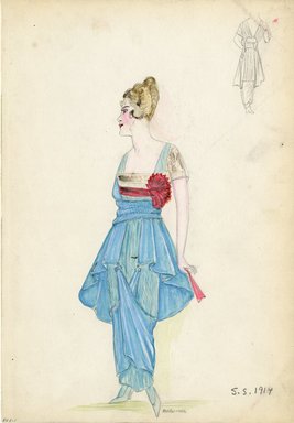 <em>"Day Dress, 1914. Blue dress with red sash and flower embellishment around high waist; short lace sleeves; full skirt with high/low hem falling to knees; ankle length hobble skirt with criss-crossed draped attachments; red fan and blue heels included. (Bendel Collection, HB 006-01)"</em>, 1914. Fashion sketch, 12.25 x 8.5 in (31.1 x 21.6 cm). Brooklyn Museum, Fashion sketches. (Photo: Brooklyn Museum, SC01.1_Bendel_Collection_HB_006-01_1914_SL5.jpg