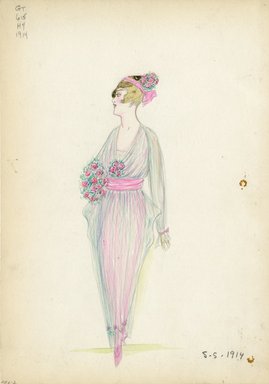 <em>"Day Dress, 1914. Pink dress with sheer green overlay with long sleeves; pink sash around waist; full length skirt with embroidery around ankle; skirt is wide at hips and tapers down to ankles; lampshade-like silhouette; pink and green flowers in hair and embellishing waist of dress; pink and green flower bouquet included; pink sash around head; pink heels included. (Bendel Collection HB 006-02)"</em>, 1914. Fashion sketch, 12.25 x 8.5 in (31.1 x 21.6 cm). Brooklyn Museum, Fashion sketches. (Photo: Brooklyn Museum, SC01.1_Bendel_Collection_HB_006-02_1914_SL5.jpg